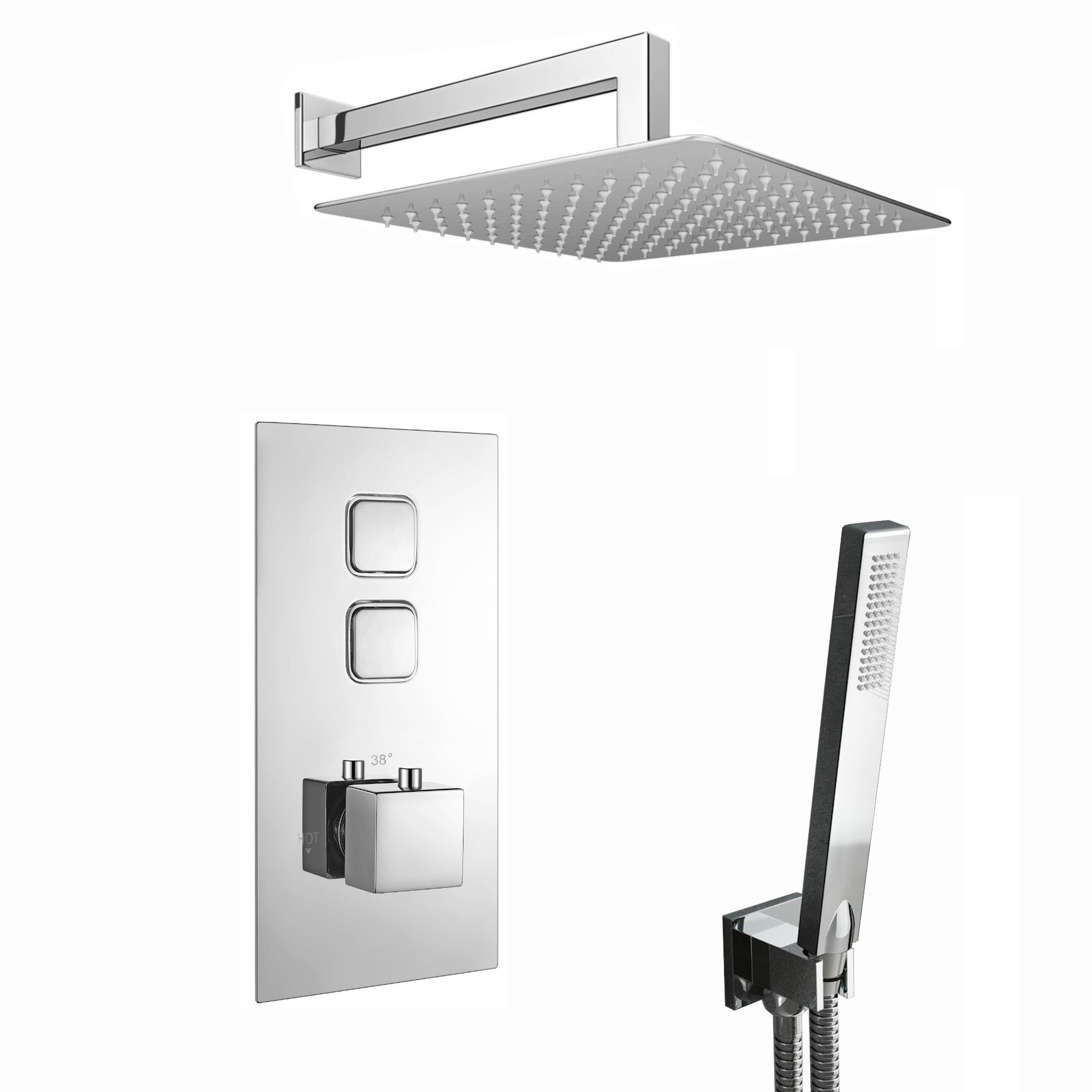 ENKI, Milan, SH0056, Square Thermostatic Concealed Push Button Shower Set, Wall Mounted Ultra Slim Shower & Handset Kit, Chrome image